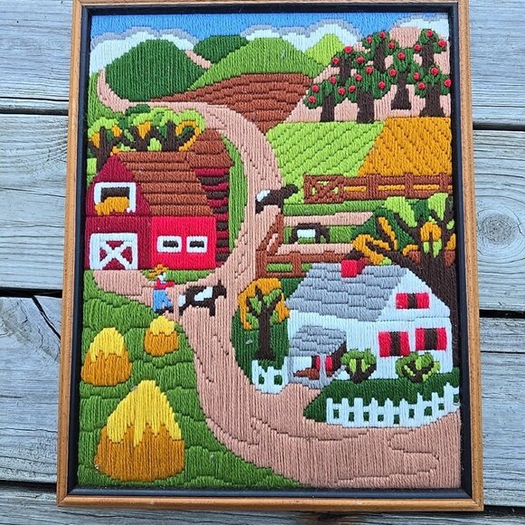 Crewel LongStitch Needlepoint Embroidery Art Farm Country Scene 12x15 Framed - Picture 7 of 8
